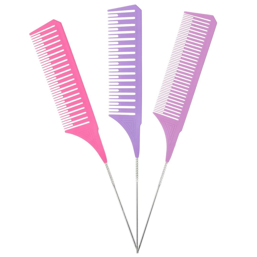 3 Pieces Foiling Comb for Highlighting, 3 Piece Colorful Rat Tail Comb Highlight Weaving Combs for Highlighting Metal Long Steel Pin Hair Dye Combs for Hair Stylist Salon Barbershop Home