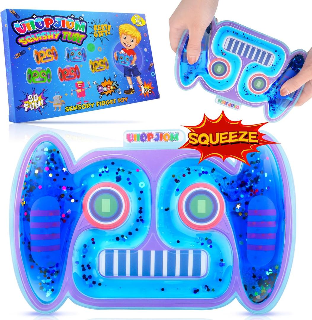 Sensory Fidget Toys for Boys Age 4 5 6 7 8-12 Year Old, Autism Calming Down Car Travel Toys, Autistic Squishy Tube Stress Relief Robot Toy Airplane Travel Games for Kids, Toddler Easter Basket Stuffers (Blue)