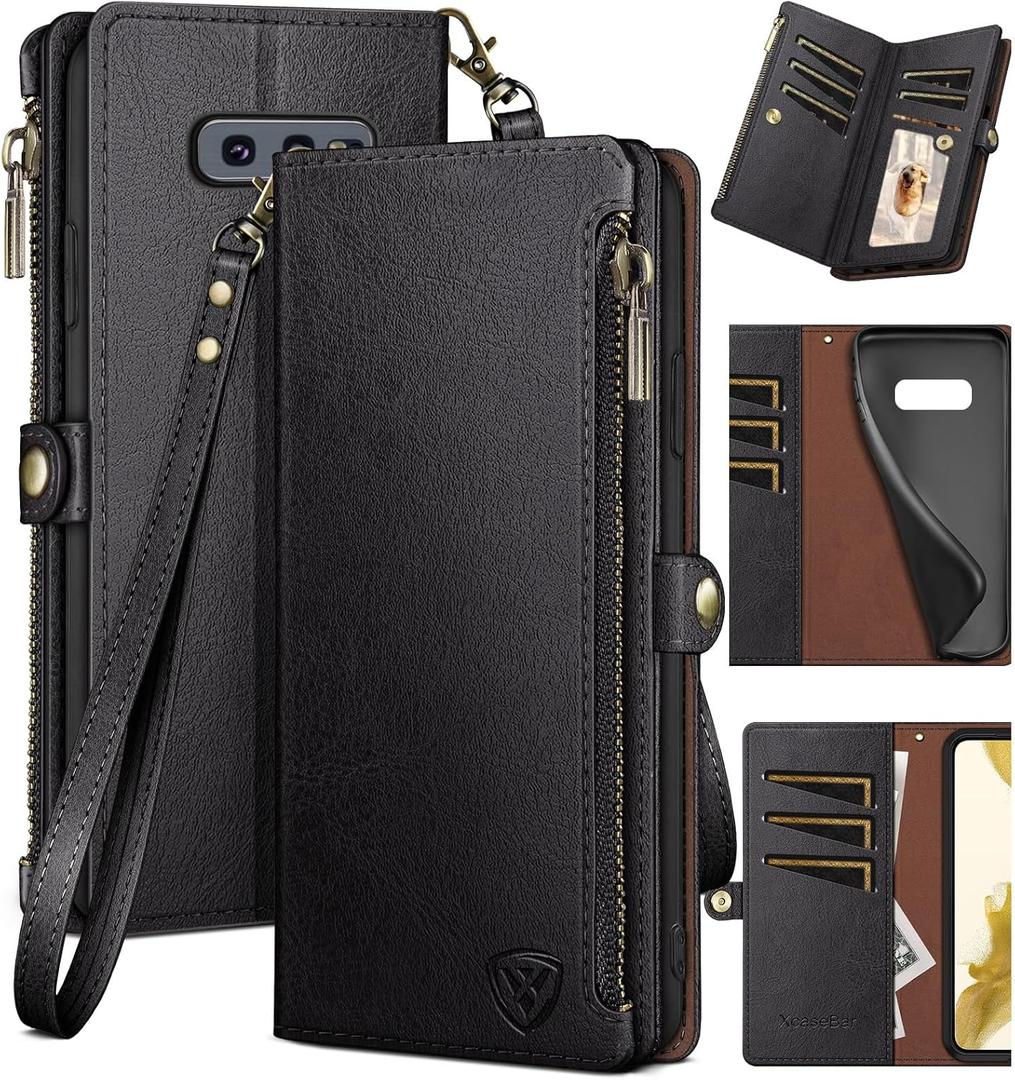 XcaseBar for Samsung Galaxy S10E Wallet case with Zipper Credit Card HolderRFID Blocking, Flip Folio Book PU Leather Phone case Shockproof Cover Women Men for Samsung S10E case Black