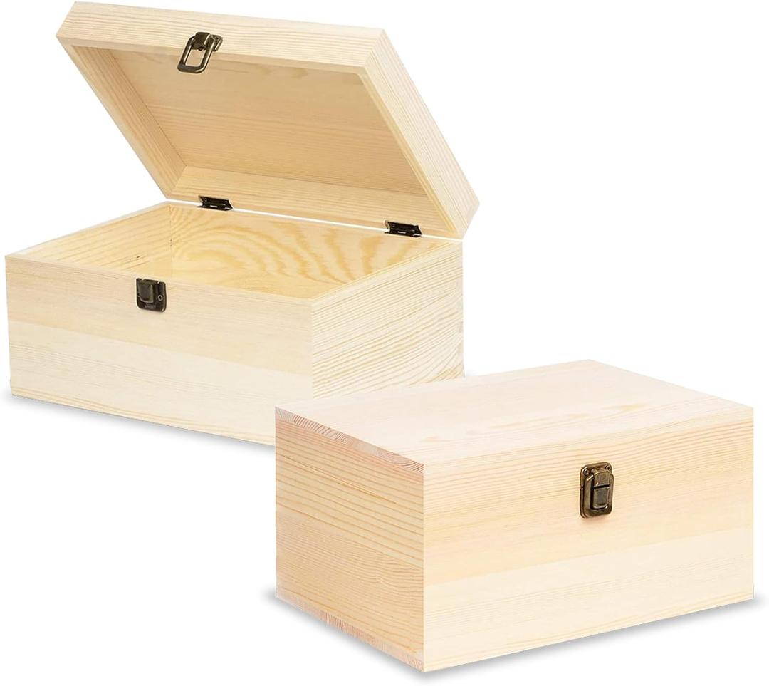 2 Pack Unfinished Wooden Boxes Large Wooden Box with Hinged Lid dnd Front Clasps, Natural Wood Boxes for Diy Crafting Gift Storage Box, Art Decorations and Jewelry Storage, 10 x 7 x 4 Inch