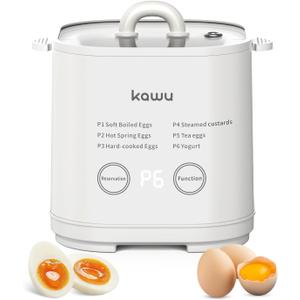 Kawu Egg Cooker, 6-in-1 Electric Rapid Egg Poacher for Hard Boiled Eggs, Yogurt, Custard, 12H Delay Start & Auto Off, Portable Breakfast Maker with Stainless Steel Bowl, 4 Eggs (White)