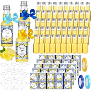 Suclain 50 Set Capri Lemon Party Favors 2 oz Mini Limoncello Bottles with Italian Lemon Sticker Blue Yellow Ribbon and Funnel for Amalfi Coast Mediterranean Wedding Bridal Baby Shower Party Decor
