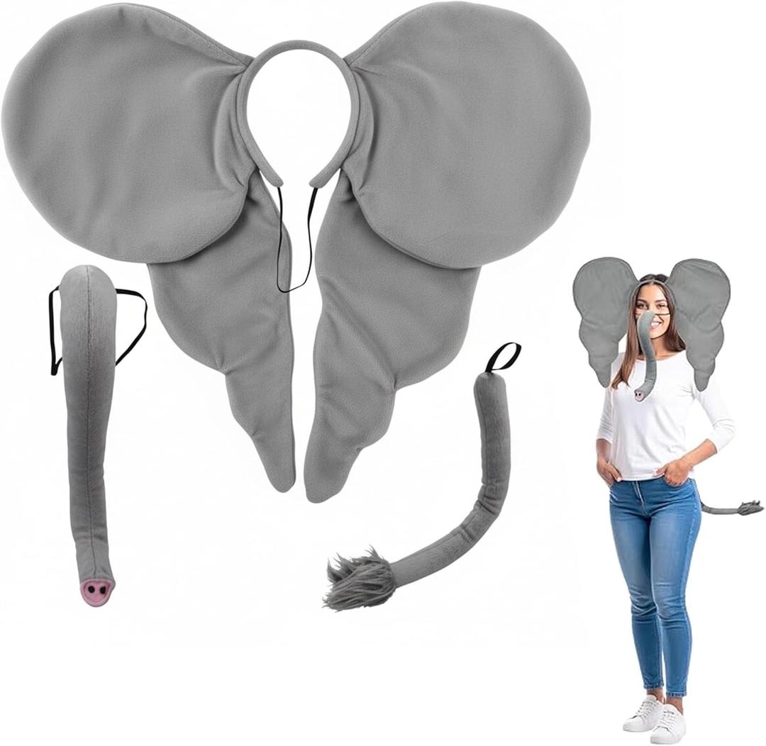 Nicky Bigs Novelties Jumbo Elephant Costume Set Oversized Ears Headband Plush Trunk & Tail for Adults Teens Safari Animal Cosplay Accessories for Halloween Theater Zoo Parties Events, Gray, One Size
