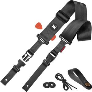 Amumu SNAPLOCK Guitar Strap with Clip - Black Nylon Seatbelt for Acoustic, Electric & Bass Guitar - 2" Wide