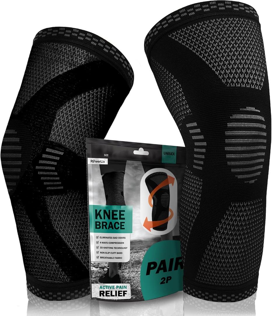 POWERLIX Knee Compression Sleeve (Pair) - Best Knee Brace for Knee Pain for Men & Women Knee Support for Running, Basketball, Volleyball, Weightlifting, Gym, Workout, Sports - (Black XL)