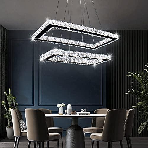 Finktonglan Modern Chandelier, Rectangular 2 Rings Crystal Pendant Chandeliers LED Pendant Ceiling Light for Dining Room Living Bedrooms (6000K Cool White)