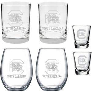 RFSJ INC. South Carolina Gamecocks 6 Piece Satin Etched Glass Combo Set  Includes 2 Wine Glasses, 2 Rocks/Whiskey Glasses, and 2 Shot Glasses