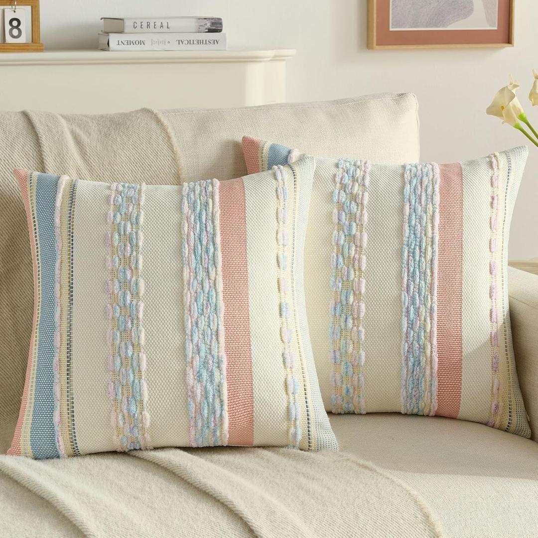 FUTEI Pack of 2 Boho Chenille Decorative Throw Pillow Covers 18x18 Inch Soft Tufted Striped Textured Cushion Case,Farmhouse Accent for Couch Bed Living Room, Pink Blue