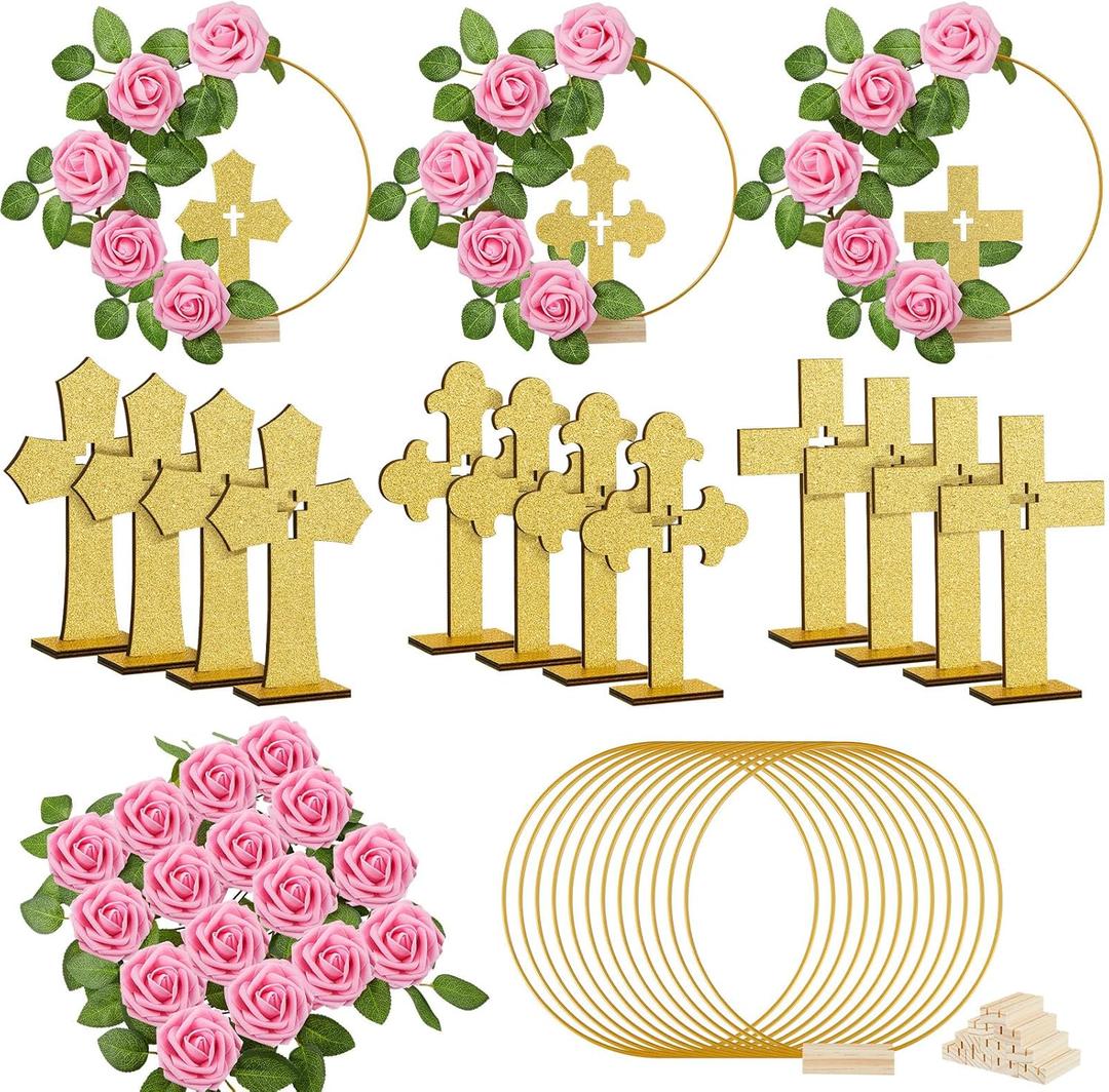 Wesiti 48 Pcs Baptism Centerpiece First Communion Table Decoration 12 Wood Cross 12 Floral Hoop with Stand 24 Foam Rose with Stem for Baptism Baby Shower Wedding(Gold and Pink,Classic)