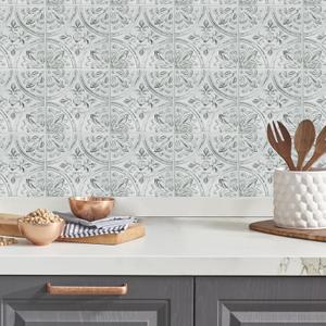 RoomMates TIL4623FLT StickTiles White Tin Peel and Stick Tile Backsplash, 10.5 inch x 10.5 inch, 4 Count (Pack of 1) (White, Off White, Rustic White)