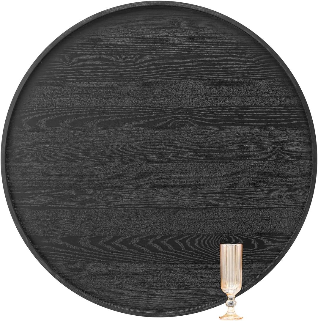 30 inch Round Solid Wood Serving Tray Extra Large Tea Coffee Snack Food Meals Serving Plate Non-Slip Kitchen Party Bar Server Ottoman Tray Breakfast Tray with Raised Edges Black
