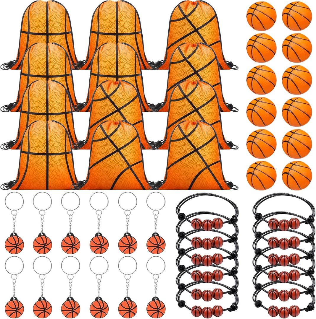 Poen 48 Pcs Basketball Party Favors Include 12 Drawstring Backpack 12 Mini Basketball 12 Keychain 12 Wax Thread Braided Bracelet Inspirational Team Gift