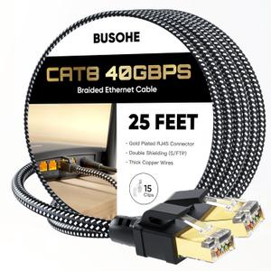 BUSOHE Cat 8 Ethernet Cable 25 FT, High Speed 40Gbps 2000Mhz Braided Network Internet Cable with Gold Plated RJ45 Connector, Heavy Duty LAN Cable S/FTP UV Resistant for Router/Gaming/PC, 15 Clips