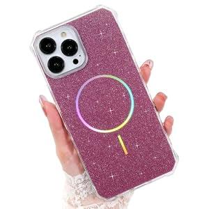 UGENINO Compatible with iPhone 15 Pro Max Case Magnetic Glitter iPhone 15 Pro Max Phone Case 6.7" with Curly Wavy Frame Design [Bling & Cute][Compatible with Mag-Safe],Hot Pink
