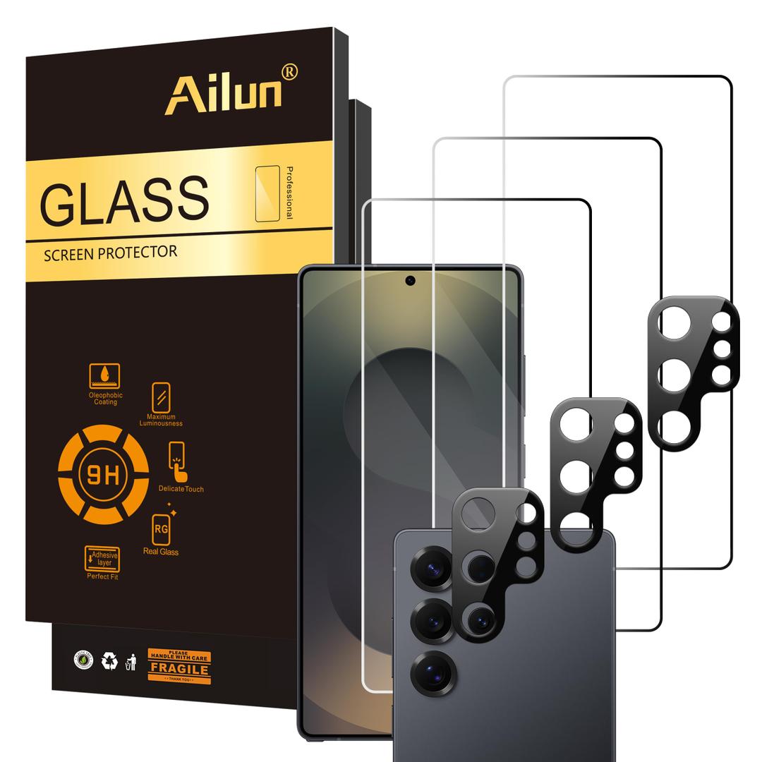 Ailun Glass Screen Protector for Galaxy S25 Ultra [6.9 Inch] 3Pack + 3Pack Camera Lens Tempered Glass Fingerprint Unlock 0.25mm Ultra Clear Anti-Scratch Case Friendly [Not For S25/S25 Plus/S25 Edge]