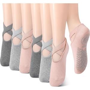Geyoga 6 Pairs Pilates Socks for Women Non-slip Yoga Socks with Grip Strap for Barre Ballet Dance Barefoot Workout Plasticity (One Size, Nude Gray Dark Gray)
