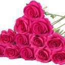 Felice Arts 12 Pack Hot Pink Artificial Roses with Stems Fuschia Silk Rose Fake Flowers for Wedding Bridal Bouquet Vase Table DIY Cake Valentines Decoration Decor