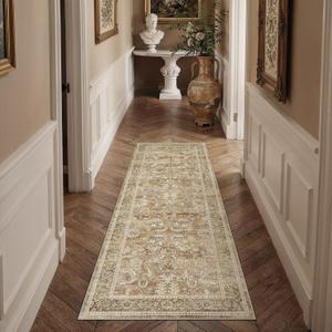 Non Slip 2x6 Kitchen Runner Rug for Hallway Washable Laundry Room Rug Vintage Distressed Floral Carpet for Entryway, Bathroom, Kitchen Rugs for Floor Beige