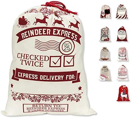 LessMo Christmas Santa Sack - Large Canvas Gift Bag with Drawstring, Reusable Personalized for Xmas Package Storage and Party Supplies Favors