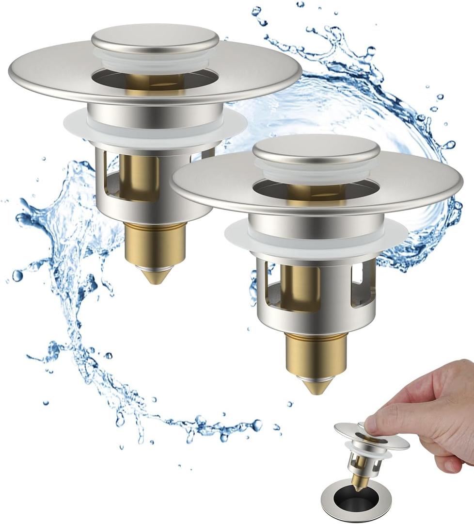 Hibbent 2 Pack All Metal Universal Bathroom Sink Stopper for 1.1''~2.3'' Basin, Pop Up Sink Drain Strainer, Brass Core Push Type Stopper, Stainless Steel Anti Clogging Drain Filter, Brushed Nickel