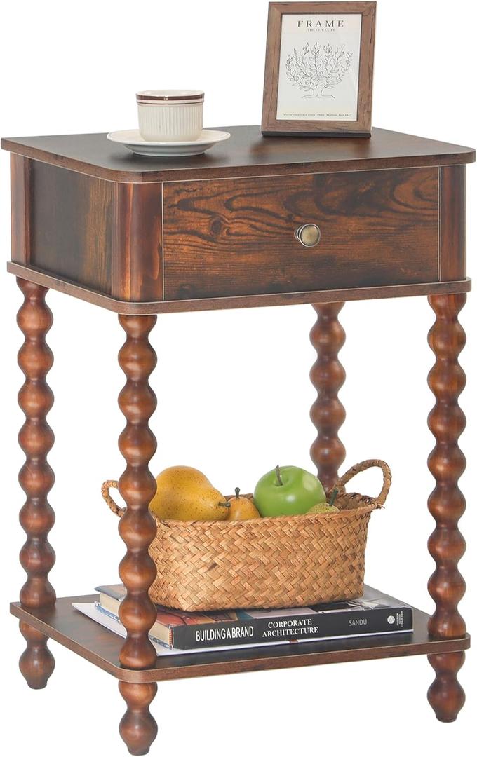 AWASEN Nightstand, Mid Century Modern Night Stand with Drawer for Living Room, Modern Bedside End Table with Spindle Wood Legs for Bedroom, Office, Rustic Brown