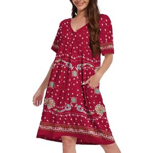Womens House Dress Floral Print Nightgown with Pockets Mumu Dress S-3XL (Red, XL)