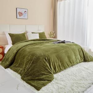 Fluffy Velvet Comforter Set King 3 Pieces - Super Soft & Fuzzy Oliver Green Comforter Set for Winter Warm Fleece Bedding, 1 Luxury Cozy Faux Fur Down Alternative Comforter with 2 Pillow Cases