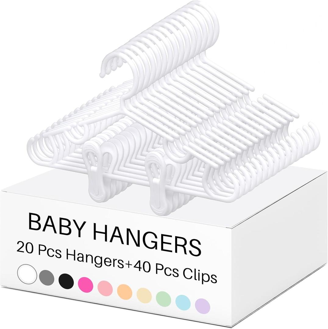 Hsei 5/10/40 Pack Baby Hangers with 10/20/80 Clips, Plastic Kids Pants Hangers for Nursery Closet Top and Bottom Clothes Hanger Set for Newborn Infant Toddler(60 Packs Total,White,10.6 Inch)