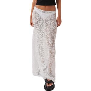 Sheer Mesh Lace Maxi Skirt Women (White)