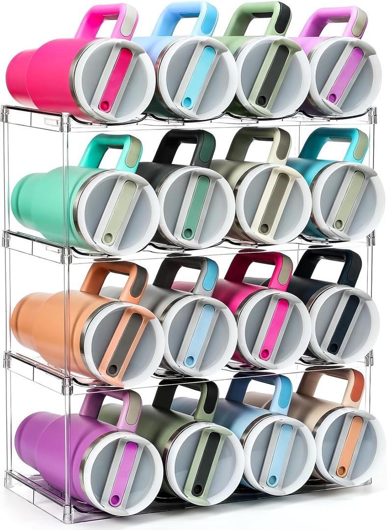 Design for Stanley 40 OZ & Large Bottles & Tumblers with Handle - Acrylic Water Bottle Organizer - Stackable Clear Rack Cup Holder for Home Kitchen Pantry Shelf Countertop Cabinet, 4 Tier Hold 16