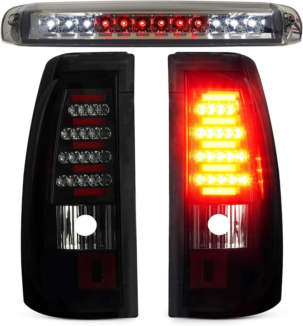 LED Tail Light + 3rd Third Brake Light Fit for Chevy Silverado GMC Sierra 1500 2500 3500 1500 HD 2500 HD 2003-2006, for Chevy Silverado GMC Sierra Classic Models 2007, 3 Pcs, Chrome Housing Smoke Lens