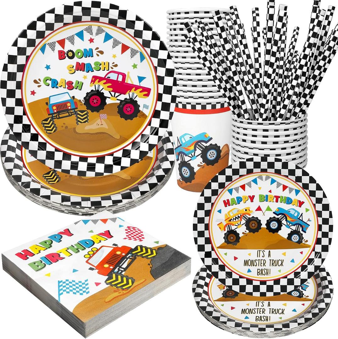 Recheel Monster Truck Party Supplies Decorations, Kids Birthday Paper Plates and Napkins Set with Cups and Straws for 24 Guests, 120 Pcs Disposable Party Dessert Dinnerwares