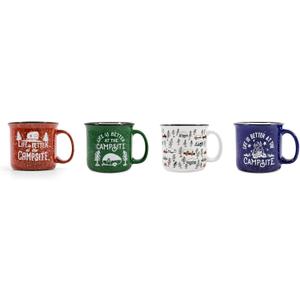 Camco Life is Better at The Campsite Ceramic Coffee Mug 4-Pack - Microwave and Dishwasher Safe - Features Camping & RVing Designs - Coffee Cups Holds 14oz. (53357), One Size