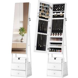 Nicetree LED Jewelry Cabinet Armoire with 2 Drawers, Lockable Standing Mirror Jewelry Cabinet, Full Length Mirror with Jewelry Storage, Christmas Gifts, White