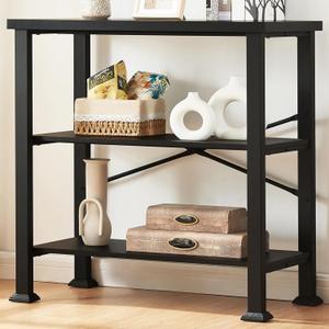 HOMBAZAAR 3 Tier Bookshelf,Black Industrial Book Shelf,Engineered Wood and Metal Small Bookcases,Low Shelf Bookcase for Living Room,Office,Bedroom and Kitchen