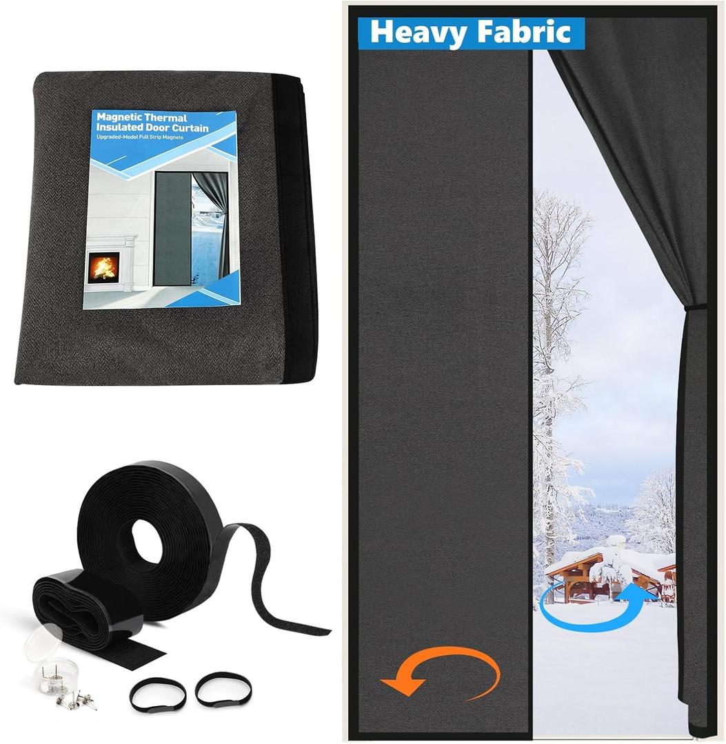 Magnetic Thermal Insulated Door Curtain Fits Door Size 36" x 82", Curtain Size 38" x 83", Thicker Layered Fabric Insulated Door Cover, Keep Warm Winter & Cool Summer, Dark Grey Fabric