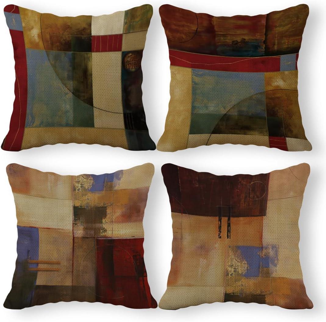 SiuSue Vintage Geometric Decor Linen Throw Pillow Case, 18 x 18 Inch Set of 4, New Living Room Decor, Housewarming Gift, Modern Decor, Mid-Century Modern Style Cushion Cover for Sofa Couch Bed