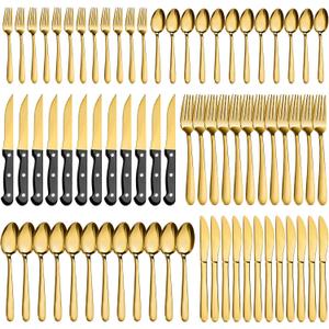 Pleafind 72Pcs Gold Silverware Set for 12 - Dishwasher Safe, Flatware Set with Steak Knives, Stainless Steel Cutlery Set, Include Forks Spoons and Knives Set, Utensil Sets for Home Restaurant
