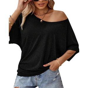 Hilinker Womens Sexy Off The Shoulder Tops Short Batwing Sleeve T Shirt Oversized Casual Tee L