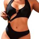 HISAGUHE Women One Piece Swimsuit Slimming Cutout Fashoin Swimwear Metal Ring Bathing Suit Female Beachwear Size XL