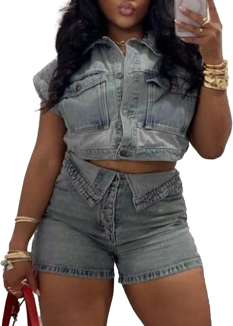 Molilove Women's Denim 2 Piece Outfits Button Down Crop Jacket and Shorts Set Summer Sexy Jeans Tracksuits (XX-Large, Blue)