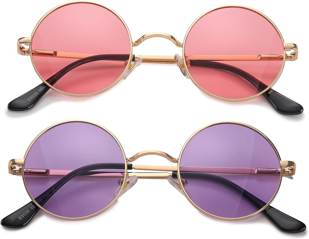 HJSTES Polarized Round Sunglasses Womens Men Retro Hippie Glasses Small Circle Sunnies (Pack of 2, Pink Purple)