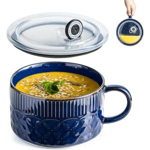 Gomakren Soup Bowl with Handle 39oz, Microwave Ramen Bowl with Lid, Ceramic Soup Container Mug Cup for Ramen Cereal Office Lunch Dorm, Cobalt Blue