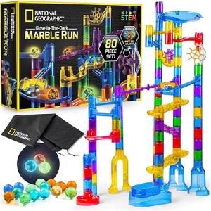 NATIONAL GEOGRAPHIC Glowing Marble Run – Construction Set Glow in The Dark Glass Marbles & Storage Bag, STEM Gifts for Boys and Girls, Building Project Toy 