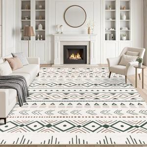 8x10 Area Rugs Living Room Rug: Washable Rug Neutral Large Soft Thin Carpet Indoor Floor Non Slip Boho Geometric Moroccan Carpets for Bedroom Dining Room Farmhouse Nursery Office - Brown Green