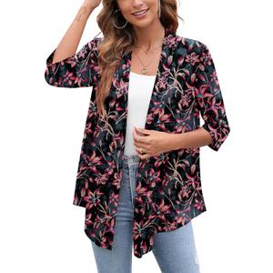 Heymoments Women's Lightweight Open Front Cardigans 3/4 Sleeve Casual Soft Drape Fall Cardigan XL (B02-pink Floral)
