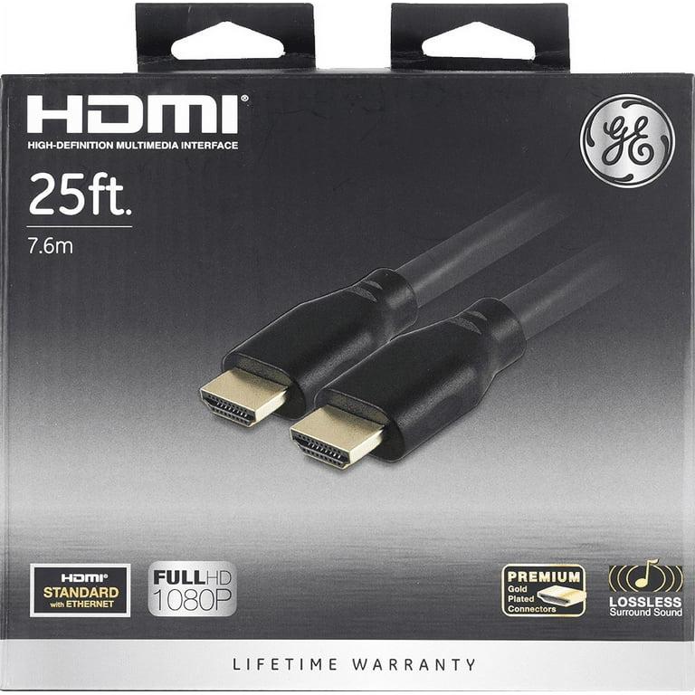 GE 25ft 4K HDMI 2.0 Cable with Ethernet, Gold-Plated Connectors, Black, 48723, New