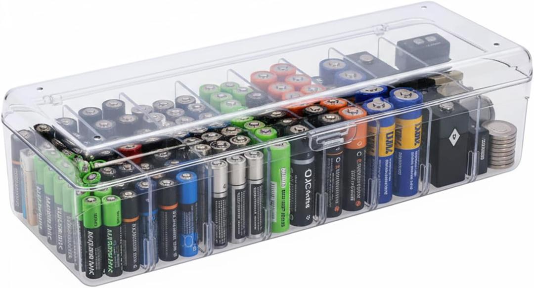 Battery Organizer,Clear Battery Storage Box with lid,8 Slot Battery Storage Case Removable Dividers for Common Types Batteries, Household Container(Clear)