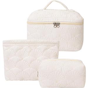 3 Pieces Quilted Cotton Makeup Bag,Large Capacity Cosmetic Organizer for Travel,Portable Cute Toiletry Pouch for Women,Makeup Artists,Organizing Enthusiasts,White Shell (3 Pack,Medium)