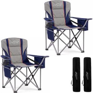 FAIR WIND Fully Padded Oversized Camping Chair for Adults Heavy Duty Folding Lawn Chair with Adjustable Lumbar Support, Cooler Bag & Cup Holder for Outdoor, Sports, Beach - Support 500LBS, 2 Pack